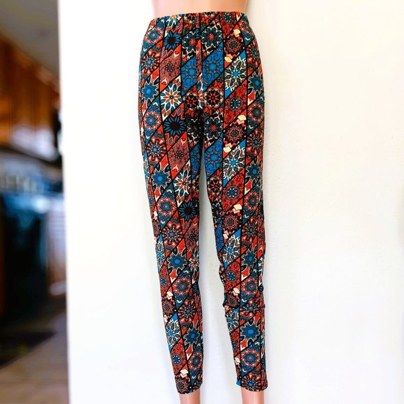 Legging Girl Pants - Comfortable Legging Girl Pants with Teal, Orange Brown, Crean Print, "Pl…